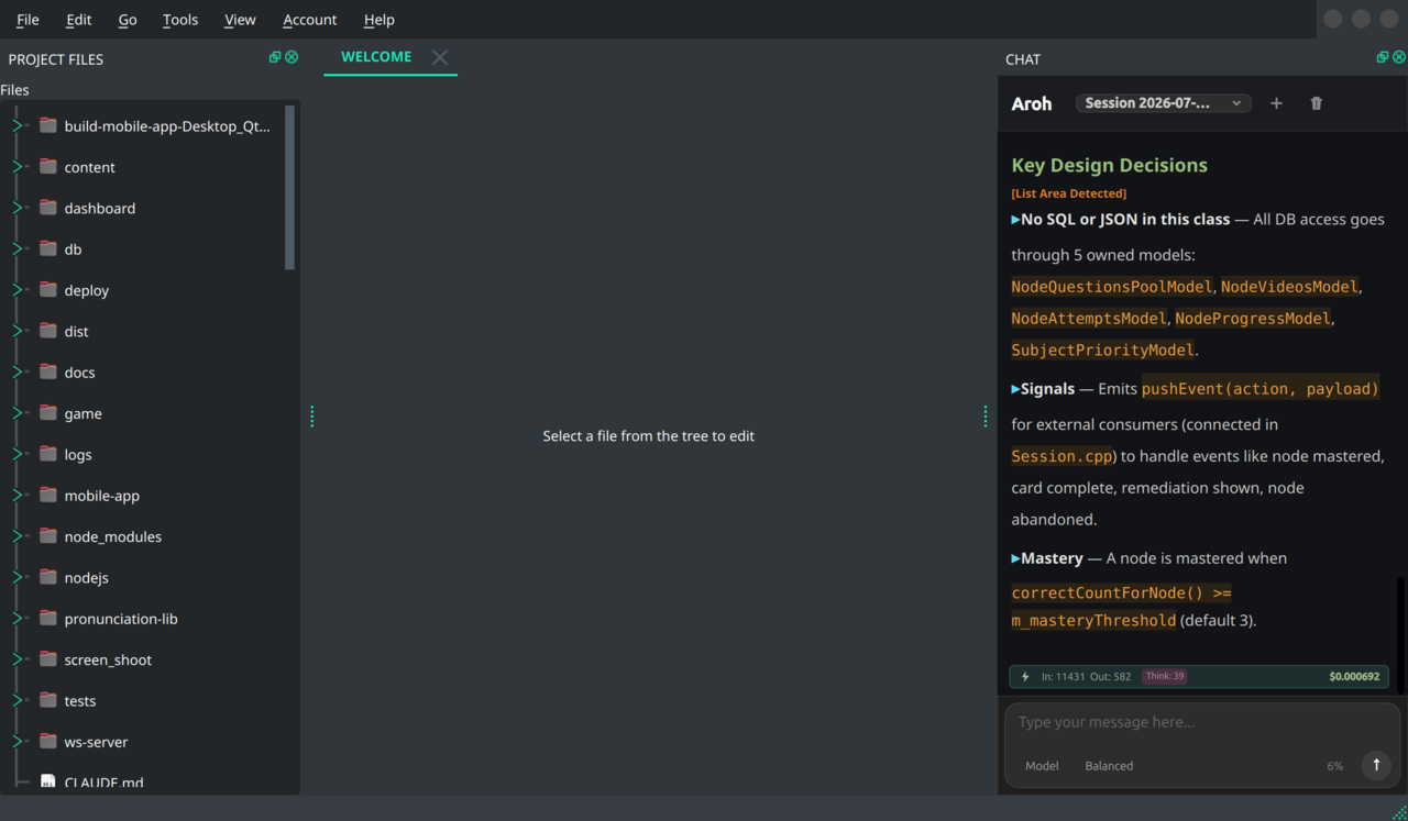 Aroh desktop application showing a file tree on the left, a code editor in the centre, and a chat panel with a pink accent on the right, mid-conversation about a code change.